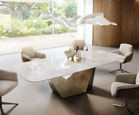 Jedálenské stoly DELIFE Jedálenský stôl Edge zaoblený tvar 270×120 cm keramika Iris FMG Onice Grigio Prisma metalická zlatá