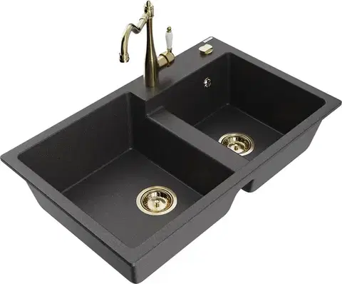 Kuchynské drezy MEXEN/S MEXEN/S - Tomas granitový drez 2-bowl vrátane batérie Carla, čierna kropenatá 6516-76-670700-50