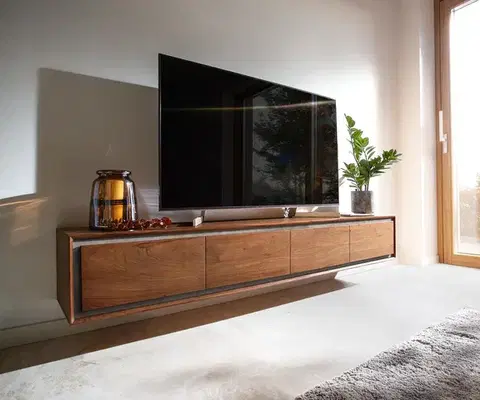 Televízne stolíky DELIFE TV stolík Stonegrace 200 cm akácia hnedá kamenná dyha 4 dvierka závesný