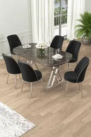 Jedálenské sety Dining Table & Chairs Set (7 Pieces) Lai - Anthracite, Chrome, Black