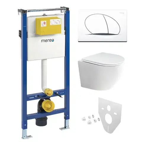 Záchody Mereo WC set - Rimless WC oblé, modul pre sadrokartón, biele oválne tlačidlo MM02NSETRS210
