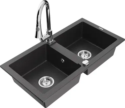 Kuchynské drezy MEXEN/S MEXEN/S - Mario granitový drez 2-bowl vrátane batérie Elia, čierna kropenatá 6504-76-670101-00