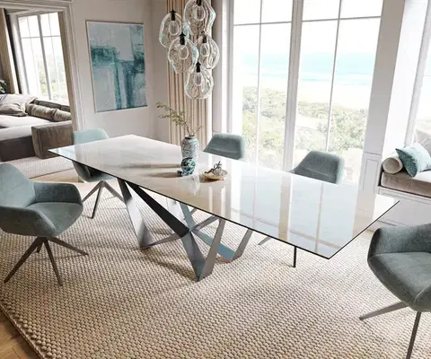 Jedálenské stoly DELIFE Jedálenský stôl Edge 200-300×100 cm keramika onyx šampanské spider plochá oceľ nerezová oceľ grafit rozkladací