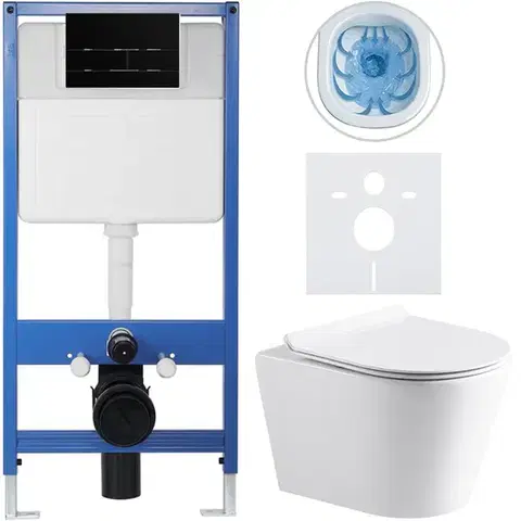 Záchody CERANO - Kompletný WC set Profi/Carlito - biela lesklá - WC tlačidlo Line/Čierna lesklá - predstenová inštalácia - 48,5x36,5 CER-8050BD84307