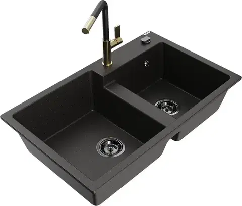 Kuchynské drezy MEXEN/S MEXEN/S - Tomas granitový drez 2-bowl vrátane batérie Flora, čierna/zlatá metalik 6516-75-670401-57-B