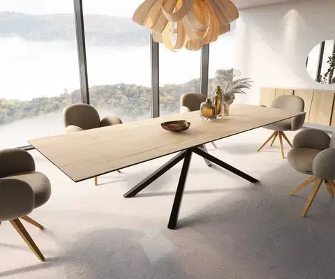 Jedálenské stoly DELIFE Jedálenský stôl Edge 300x100 keramika Laminam® sabbia v dubovej farbe krížová podstava obdĺžnik čierna