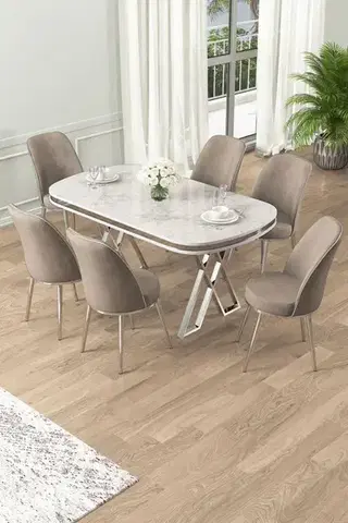 Jedálenské sety Dining Table & Chairs Set (7 Pieces) Lai - White, Chrome, Cappuccino