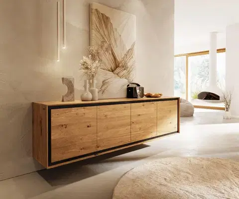 Komody DELIFE Komoda Stonegrace 200 cm dub prírodná 4 dvierka kamenná dyha závesná