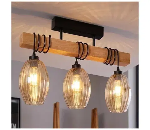 Svietidlá BRILAGI - Prisadený luster WOOD GLASS 3xE27/60W/230V borovica/čierna/dýmovo béžová EG780168+3xNSTK7499