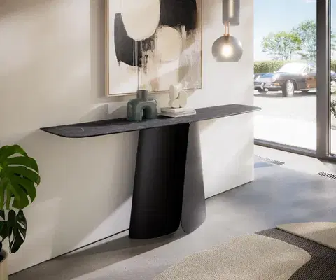 Konzolové stolíky DELIFE Konzolový stolík Edge zaoblený 180×40 cm keramika Laminam® Nero Greco antracitová Livos kov čierna