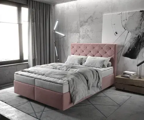 Postele Boxspring DELIFE Boxspring posteľ Dream-Great 140x200 cm mikrovlákno ružová s matracom a topperom