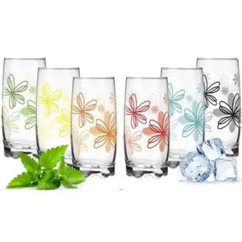 Poháre Kinekus Pohár sklenený na vodu, 350 ml, dekor kvety, mix farieb, sada 6ks
