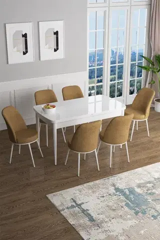 Jedálenské sety Extendable Dining Table & Chairs Set (7 Pieces) Han - White, Cappuccino