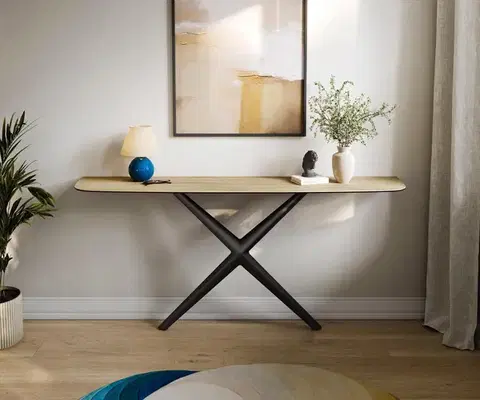 Konzolové stolíky DELIFE Konzolový stolík Edge zaoblený 180×40 cm keramika Laminam® Sabbia dubová farba Estelo kov čierna