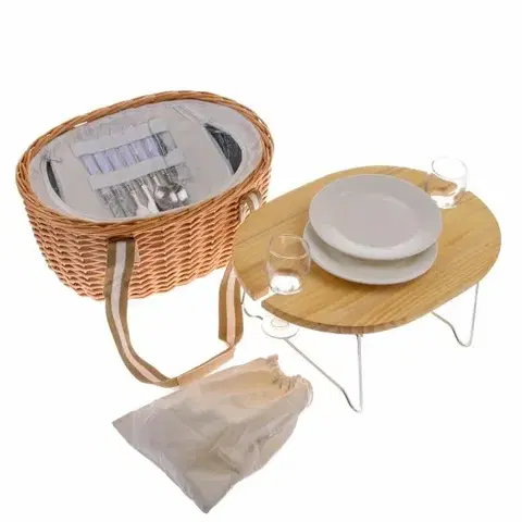 Chladiace tašky a boxy Prútený piknikový kôš s pevným vekom/stolom pre 2 osoby s termoboxom, 40 x 31 x 21 cm, 3 kg