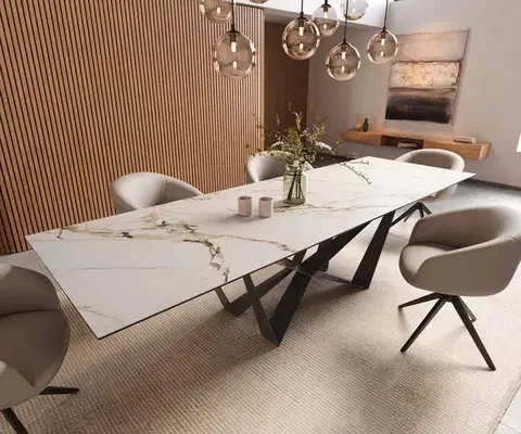 Jedálenské stoly DELIFE Jedálenský stôl Edge 300x100 keramika Calacatta Luxe bielo-zlato-šedá Spider plochá oceľ čierna