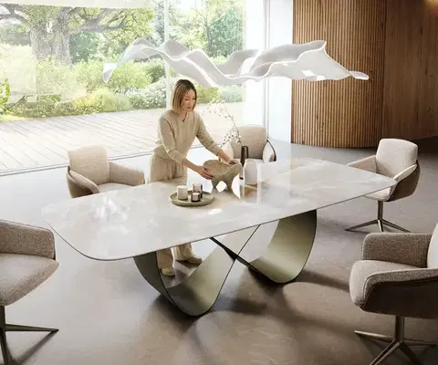 Jedálenské stoly DELIFE Jedálenský stôl Edge zaoblený 270×120 cm keramika Iris FMG Onice Grigio Infinity kov titánová farba efekt