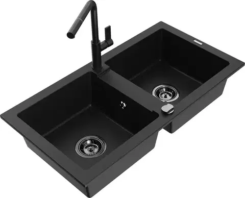 Kuchynské drezy MEXEN/S MEXEN/S - Mario granitový drez 2-bowl vrátane batérie Flora, čierna 6504-77-670401-70-B