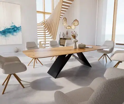 Jedálenské stoly DELIFE Jedálenský stôl Edge zaoblený tvar 300x120x2,5-3 dub prírodný podstava v tvare V plochá oceľ čierna švajčiarska hrana