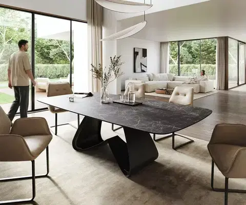 Jedálenské stoly DELIFE Jedálenský stôl Edge zaoblený 260×120 cm keramika Laminam® Nero Greco antracitová podstava v tvare W kov čierna