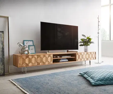 Televízne stolíky DELIFE TV stolík Fevo 240 cm akácia prírodná 4 dvierka podstava v tvare L