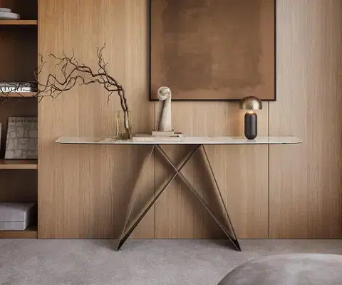 Konzolové stolíky DELIFE Konzolový stolík Edge zaoblený tvar 180×40 cm keramika Minas Melange bielo-béžová Velio kov titánová farba