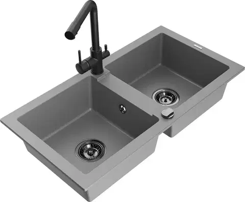 Kuchynské drezy MEXEN/S MEXEN/S - Mario granitový drez 2-bowl vrátane batérie Duero, šedá 6504-71-671600-70-B