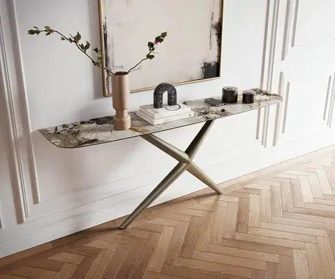 Konzolové stolíky DELIFE Konzolový stolík Edge zaoblený 180×40 cm keramika Patagonia leštená Estelo kov titánová farba