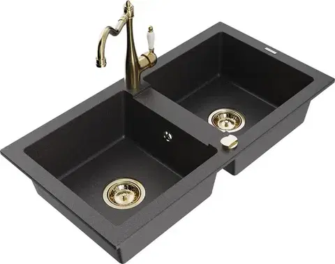 Kuchynské drezy MEXEN/S MEXEN/S - Mario granitový drez 2-bowl vrátane batérie Carla, čierna kropenatá 6504-76-670700-50