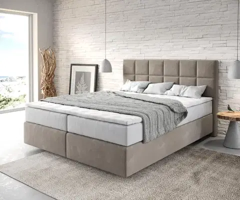 Postele Boxspring DELIFE Boxspring posteľ Dream-Fine 160x200 cm mikrovlákno béžová s vreckovou pružinovou matracou a visco topperom