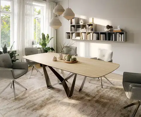 Jedálenské stoly DELIFE Jedálenský stôl Edge zaoblený tvar 260×120 cm keramika Laminam® Sabbia dubová farba pavúk plochá nerezová oceľ