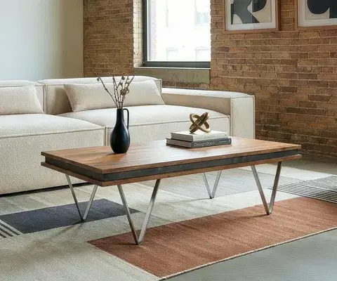 Konferenčné stolíky DELIFE Dizajnový konferenčný stolík Stonegrace 117x60x25 cm akácia prírodná bridlica