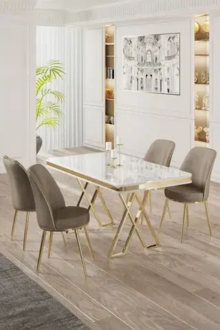 Jedálenské sety Dining Table & Chairs Set (5 Pieces) Vals - White, Gold, Cappuccino
