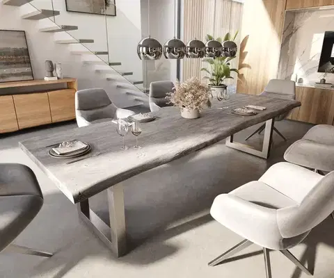 Jedálenské stoly DELIFE Jedálenský stôl Edge 300x100 XL akácia platinová nerezová oceľ široký Live-Edge
