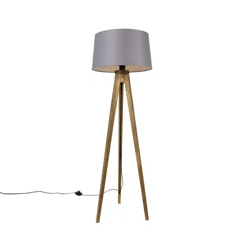 Stojace lampy Rustikálny trojnohý vintage drevený s tienidlom z ľanu tmavosivá 45 cm - Tripod Classic