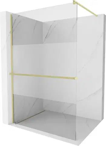 Sprchové dvere MEXEN/S - Kioto+ Sprchová zástena WALK-IN s poličkou a držiakom uterákov 90 x 200, transparent/dekor, zlatá kartáčovaná 800-090-121-55-35