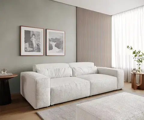 Veľké pohovky DELIFE Veľká pohovka Sirpio 230x95 cm bouclé bielo-krémová s taburetom
