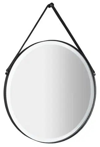 Kúpeľňové zrkadlá SAPHO - ORBITER guľaté zrkadlo s LED osvetlením, kožený popruh, ø 70cm, čierna mat ORL070