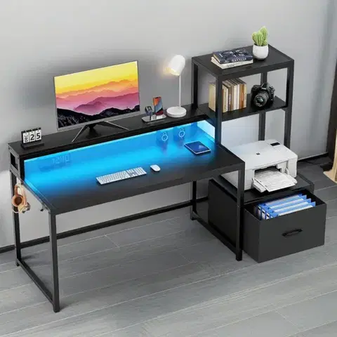 Písacie stoly FOREST herný PC stôl s LED osvetlením, čierny