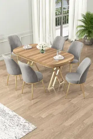 Jedálenské sety Dining Table & Chairs Set (7 Pieces) Lai - Light Walnut, Gold, Grey