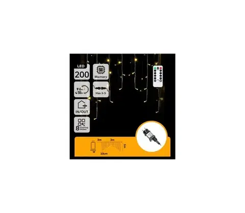 LED osvetlenie  B.V.  - LED vonkajší vianočný reťazec 200xLED/6W/230V/8 funkcií 3x1m IP44 teplá biela + diaľkové ovládanie B10303S7J