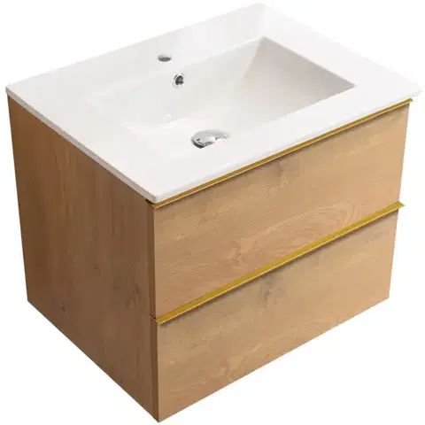 Kúpeľňový nábytok CERANO - Kúpeľňová skrinka Velora - dub medový, úchytka zlatá + keramické umývadlo Todo - 71x55x46,5 CER-664975