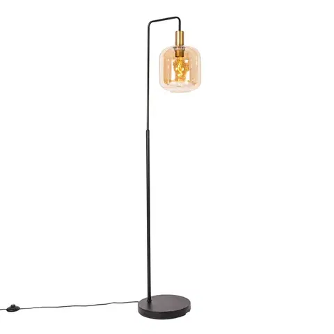 Stojace lampy Dizajnová stojaca lampa čierna s mosadzou a jantárovým sklom - Zuzanna