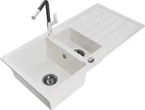 Kuchynské drezy MEXEN/S MEXEN/S - Andres granitový drez s odkvapkávačom vrátane batérie Flora, biela 6515-20-670401-07-B