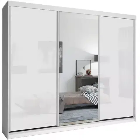 Spálňové šatníkové skrine Skriňa Lux 250 Biely/ 1 x Zrkadlo / 2 x Biely Lesk
