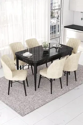 Jedálenské sety Extendable Dining Table & Chairs Set (7 Pieces) Nef - Black Marble, Cream