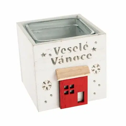 Vianočné dekorácie Drevený svietnik so sklom Veselé Vianoce, 9 x 8,5 cm, biela