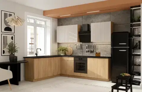 Kompletné kuchynské zostavy Artstolk Rohová kuchynská linka SOFIA C | dub cremona/béžová 200-260 cm Prevedenie: s pracovnou doskou