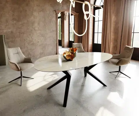 Jedálenské stoly DELIFE Jedálenský stôl Edge oválny 220x120 keramika Iris FMG Onice Oro Zenthara hranatý kov čierna
