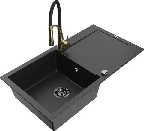 Kuchynské drezy MEXEN/S MEXEN/S - Leo granitový drez 1 s odkvapkávačom vrátane batérie Aster, čierna/strieborná metalík 6501-73-73450-57-B